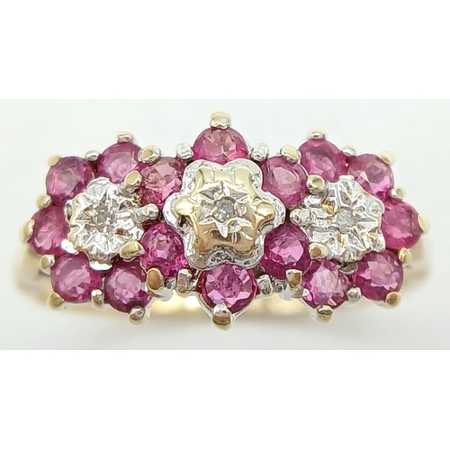 299 - A 9K YELLOW GOLD DIAMOND & RUBY TRIPLE CLUSTER RING 2.5G SIZE O. 

REF: SC 1024