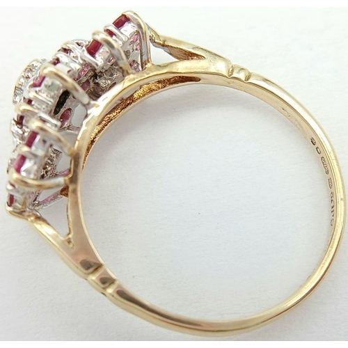 299 - A 9K YELLOW GOLD DIAMOND & RUBY TRIPLE CLUSTER RING 2.5G SIZE O. 

REF: SC 1024