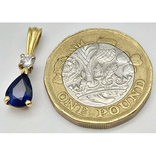 305 - AN 18K YELLOW GOLD DIAMOND & SAPPHIRE DROP PENDANT 1.4G TOTAL WEIGHT, 2CM LENGTH.

ref: SC 1103