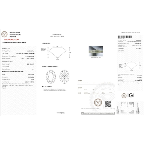 179 - 2.01CT OVAL CUT LAB-GROWN DIAMOND, COLOUR E, CLARITY VS2. COMES WITH IGI CERTIFICATE. MEASUREMENT 10... 