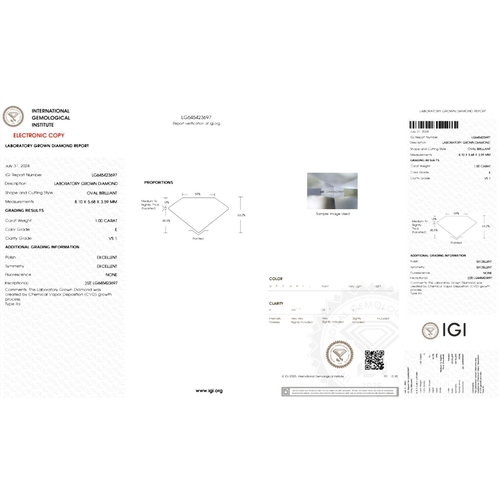 193 - 1.0CT OVAL CUT LAB-GROWN DIAMOND, COLOUR E, CLARITY VS1. COMES WITH IGI CERTIFICATE. MEASUREMENT 8.1... 