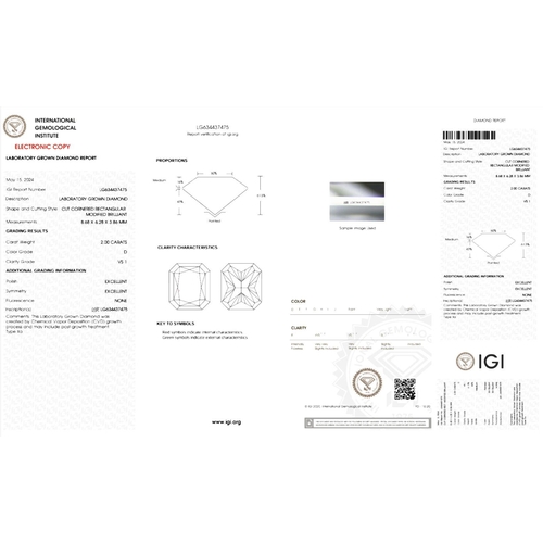 211 - 2.0CT CUT-CORNERED RECTANGULAR DIAMOND, COLOUR D, CLARITY VS1. COMES WITH IGI CERTIFICATE. MEASUREME... 