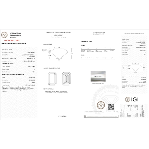 218 - 2.50CT EMERALD SHAPED LAB-GROWN DIAMOND, COLOUR E, CLARITY VS1. COMES WITH IGI CERTIFICATE. MEASUREM... 