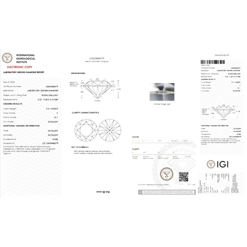 232 - 3.01CT ROUND SHAPED LAB-GROWN DIAMOND, COLOUR F, CLARITY VS1, CUT EX. COMES WITH IGI CERTIFICATE. ME... 