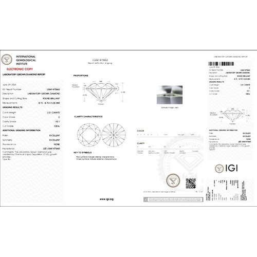 89 - 2.51CT ROUND SHAPED LAB-GROWN DIAMOND, COLOUR E, CLARITY VS1, CUT ID. COMES WITH IGI CERTIFICATE. ME... 