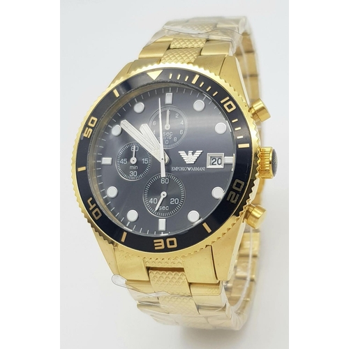 122 - A gents EMPORIO ARMANI CHRONOGRAPH watch. Stainless steel and lavishly gold plated with black calibr... 