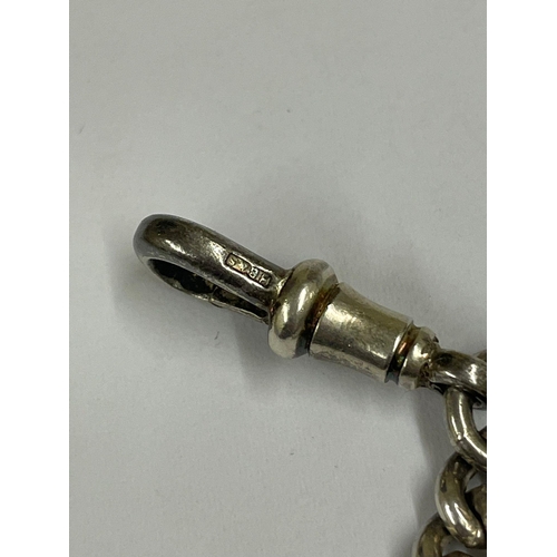 162 - A Silver double Albert watch chain, fully hallmarked on links / T bar & clips.