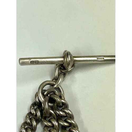 162 - A Silver double Albert watch chain, fully hallmarked on links / T bar & clips.