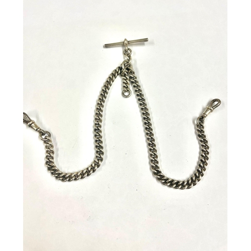 162 - A Silver double Albert watch chain, fully hallmarked on links / T bar & clips.