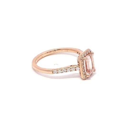 186 - A 18ct Rose Gold MORGANITE and DIAMOND Halo Ring. 0.94ct claw set emerald shape Morganite  centre, d... 