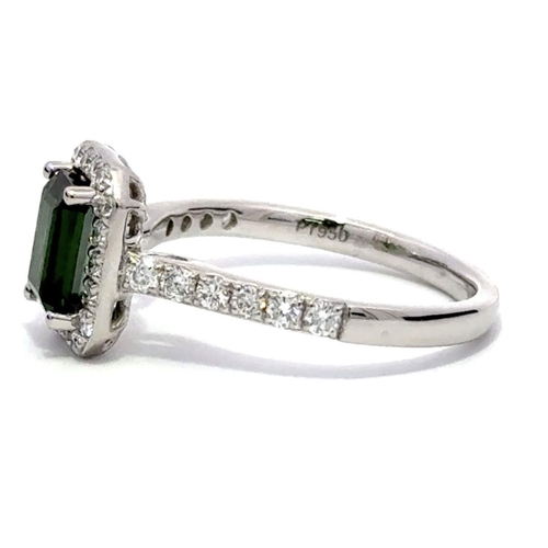 239 - A Platinum GREEN TOURMALINE and DIAMOND Halo Ring. 0.99ct claw set emerald shape Green Tourmaline ce... 