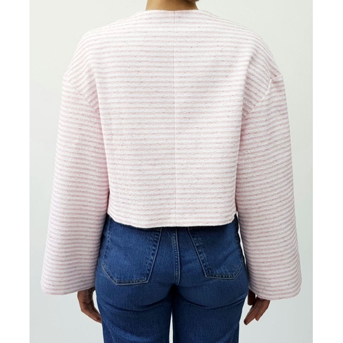 10 - A Chanel Pink and White Striped Cropped Jacket. Cotton, polyamide, and wool blend exterior with silv... 