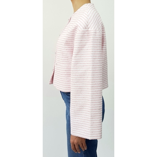 10 - A Chanel Pink and White Striped Cropped Jacket. Cotton, polyamide, and wool blend exterior with silv... 