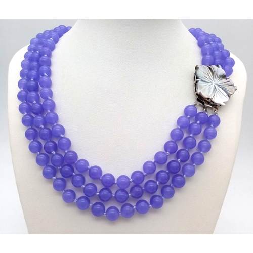 283 - A Gorgeous Three Row Lavender Jade Necklace with Floral Form Clasp. 8mm beads. 42-46cm length.