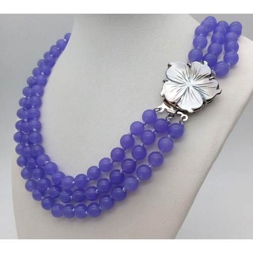 283 - A Gorgeous Three Row Lavender Jade Necklace with Floral Form Clasp. 8mm beads. 42-46cm length.