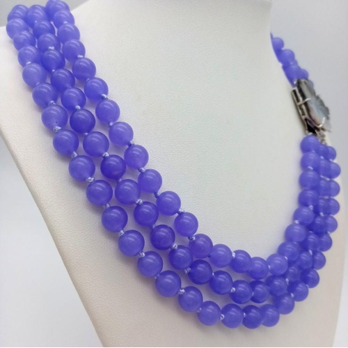 283 - A Gorgeous Three Row Lavender Jade Necklace with Floral Form Clasp. 8mm beads. 42-46cm length.