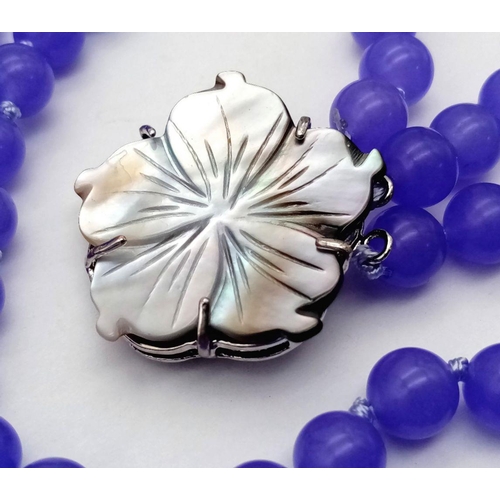 283 - A Gorgeous Three Row Lavender Jade Necklace with Floral Form Clasp. 8mm beads. 42-46cm length.