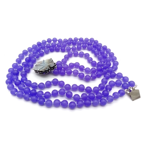 283 - A Gorgeous Three Row Lavender Jade Necklace with Floral Form Clasp. 8mm beads. 42-46cm length.