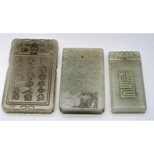 177 - Three Graduating Chinese 19th Century Jade Bars. All can be worn as pendants. Decorative hand-carvin... 