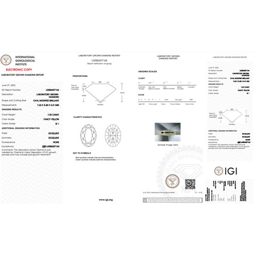 165 - 1.03CT OVAL CUT LAB-GROWN DIAMOND, COLOUR FANCY YELLOW, CLARITY SI1. COMES WITH IGI CERTIFICATE. MEA... 