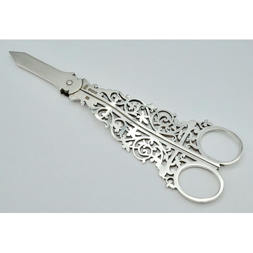 111 - A top quality, antique, sterling silver, pair of grape shears, by MAPPIN & WEBB (Goldsmiths & Silver... 