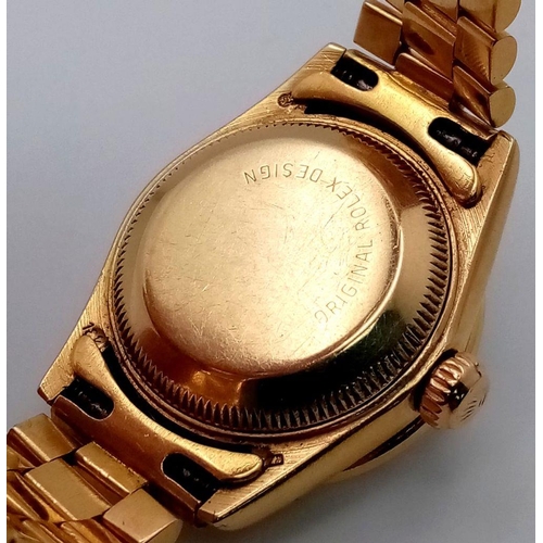 118 - A stunning 18 K yellow gold, ladies ROLEX watch with pave diamonds on bezel, dial and bracelet, case... 