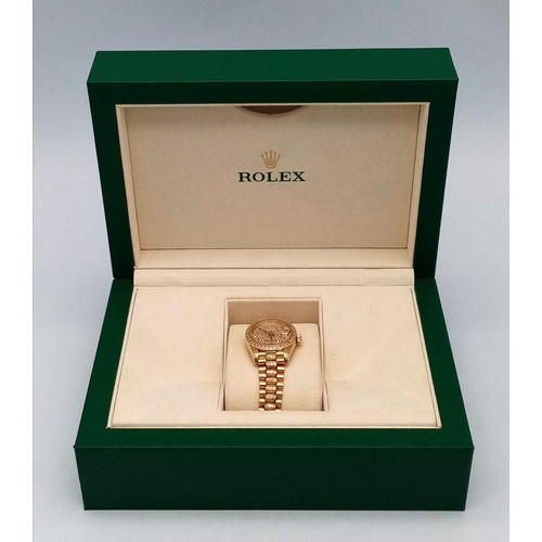 118 - A stunning 18 K yellow gold, ladies ROLEX watch with pave diamonds on bezel, dial and bracelet, case... 