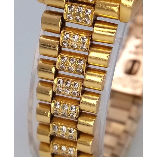 118 - A stunning 18 K yellow gold, ladies ROLEX watch with pave diamonds on bezel, dial and bracelet, case... 