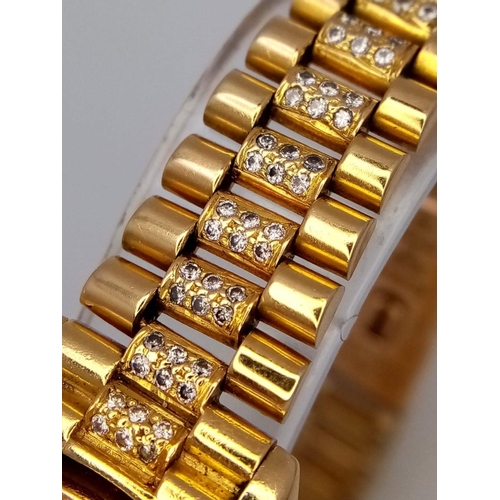 118 - A stunning 18 K yellow gold, ladies ROLEX watch with pave diamonds on bezel, dial and bracelet, case... 