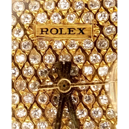 118 - A stunning 18 K yellow gold, ladies ROLEX watch with pave diamonds on bezel, dial and bracelet, case... 