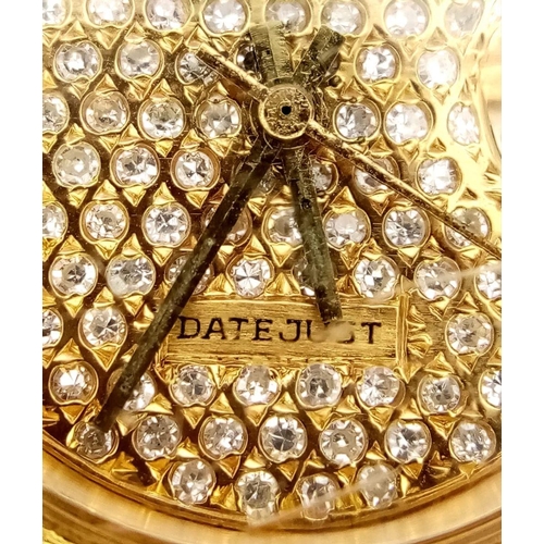 118 - A stunning 18 K yellow gold, ladies ROLEX watch with pave diamonds on bezel, dial and bracelet, case... 