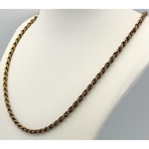 121 - A Vintage 9K Yellow Gold Rope Chain. 48cm. 7g weight.