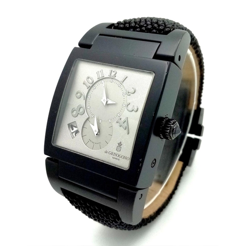 26 - A De Grisogono Automatic Instrumento No. Uno Unisex Dual Time Watch. Fancy black textured leather st... 