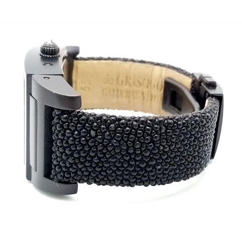 26 - A De Grisogono Automatic Instrumento No. Uno Unisex Dual Time Watch. Fancy black textured leather st... 