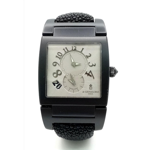 26 - A De Grisogono Automatic Instrumento No. Uno Unisex Dual Time Watch. Fancy black textured leather st... 
