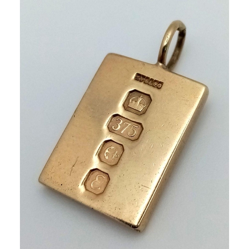 269 - A 9K Yellow Gold Ingot Pendant. Full UK hallmarks. 25mm. 7.6g weight.
