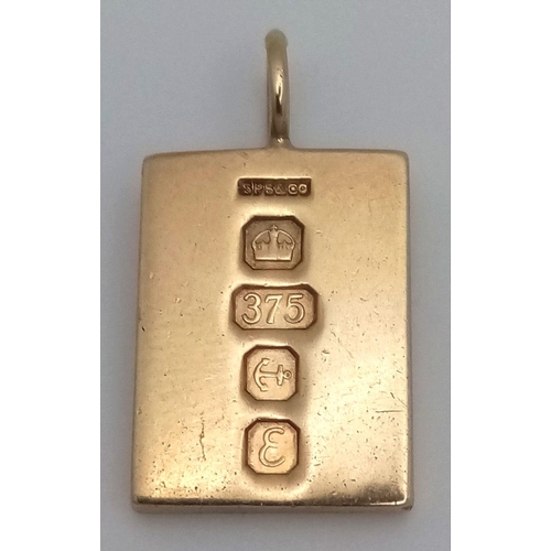 269 - A 9K Yellow Gold Ingot Pendant. Full UK hallmarks. 25mm. 7.6g weight.