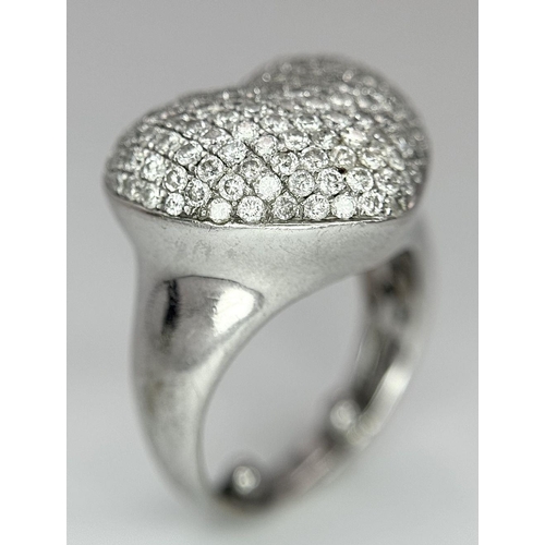 68 - An 18K White Gold Diamond Pave Heart Ring. 1.2ctw of pave round cut diamonds in heart form. Size H (... 