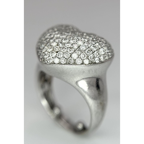 68 - An 18K White Gold Diamond Pave Heart Ring. 1.2ctw of pave round cut diamonds in heart form. Size H (... 