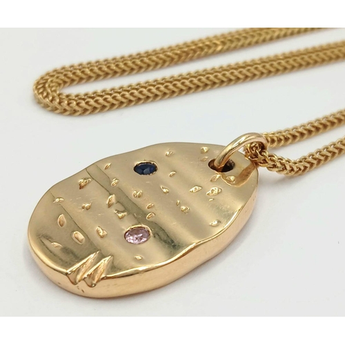 9 - An 18K Yellow Gold Different Colour Stone-Set Oval Pendant on an 18K Yellow Gold Foxtail Chain. 3.5c... 