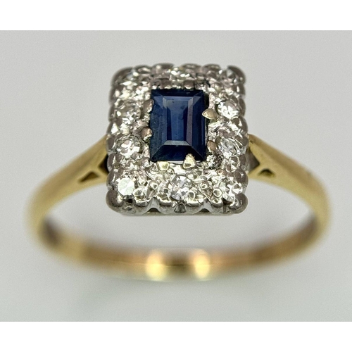 178 - AN 18K YELLOW GOLD DIAMOND & SAPPHIRE RING - RECTANGULAR CUT SAPPHIRE WITH A DIAMOND SURROUND. 3.4G.... 