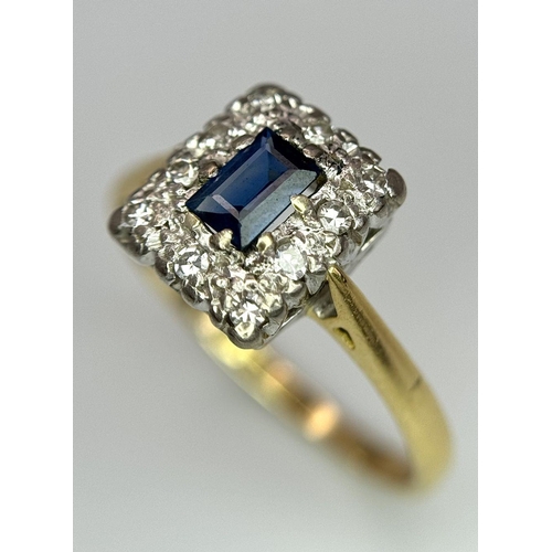 178 - AN 18K YELLOW GOLD DIAMOND & SAPPHIRE RING - RECTANGULAR CUT SAPPHIRE WITH A DIAMOND SURROUND. 3.4G.... 