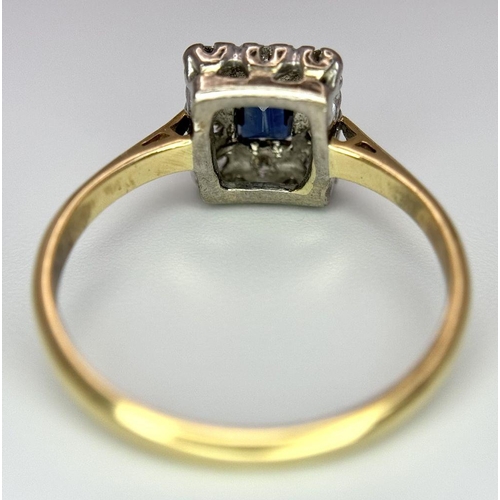 178 - AN 18K YELLOW GOLD DIAMOND & SAPPHIRE RING - RECTANGULAR CUT SAPPHIRE WITH A DIAMOND SURROUND. 3.4G.... 