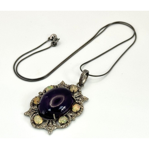 275 - A 22cts Cabochon Amethyst Gemstone Pendant with 1.50ct Opals and 1.15cts Diamonds , 925 Silver. Appr... 