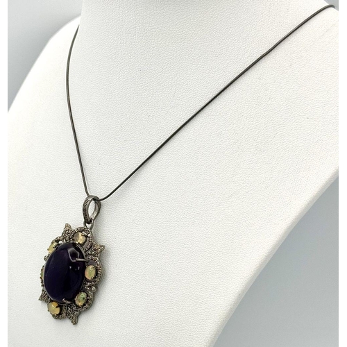 275 - A 22cts Cabochon Amethyst Gemstone Pendant with 1.50ct Opals and 1.15cts Diamonds , 925 Silver. Appr... 
