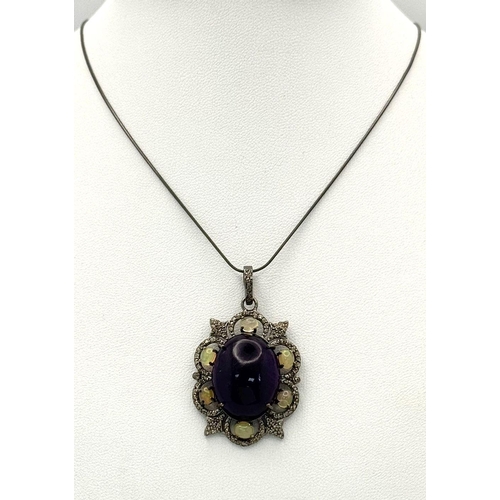 275 - A 22cts Cabochon Amethyst Gemstone Pendant with 1.50ct Opals and 1.15cts Diamonds , 925 Silver. Appr... 