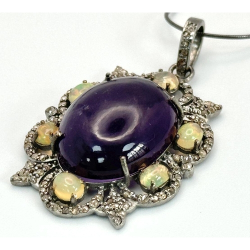 275 - A 22cts Cabochon Amethyst Gemstone Pendant with 1.50ct Opals and 1.15cts Diamonds , 925 Silver. Appr... 