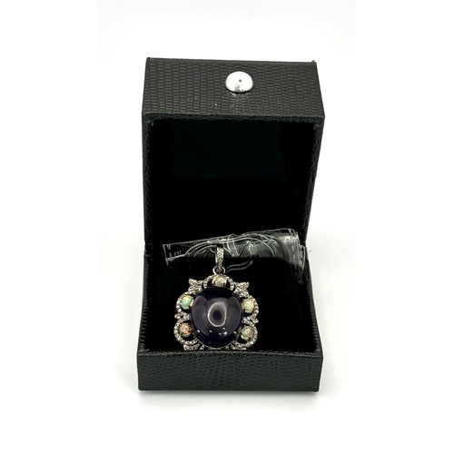 275 - A 22cts Cabochon Amethyst Gemstone Pendant with 1.50ct Opals and 1.15cts Diamonds , 925 Silver. Appr... 