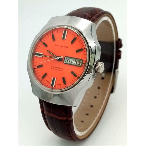 481 - A Vintage Sandoz Automatic 25 Jewels Gents Watch. Brown leather strap. Stainless steel case - 36mm. ... 