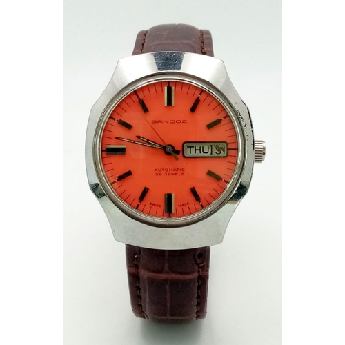 481 - A Vintage Sandoz Automatic 25 Jewels Gents Watch. Brown leather strap. Stainless steel case - 36mm. ... 